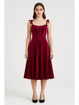 Cider - Velvet Scoop Neckline Lace Bowknot Ruffle Midi Dress