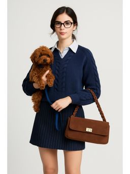 Cider - Cable Knit Collar Two Tone Long Sleeve Top