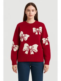 Cider - Knit Round Neckline Bowknot Pattern Long Sleeve Top