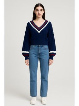 Cider - Cable Knit V-neck Solid Contrasting Binding Long Sleeve Top