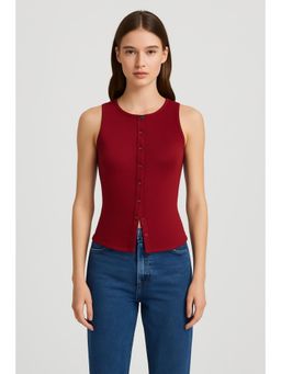 Cider - Round Neckline Solid Button Crop Tank Top