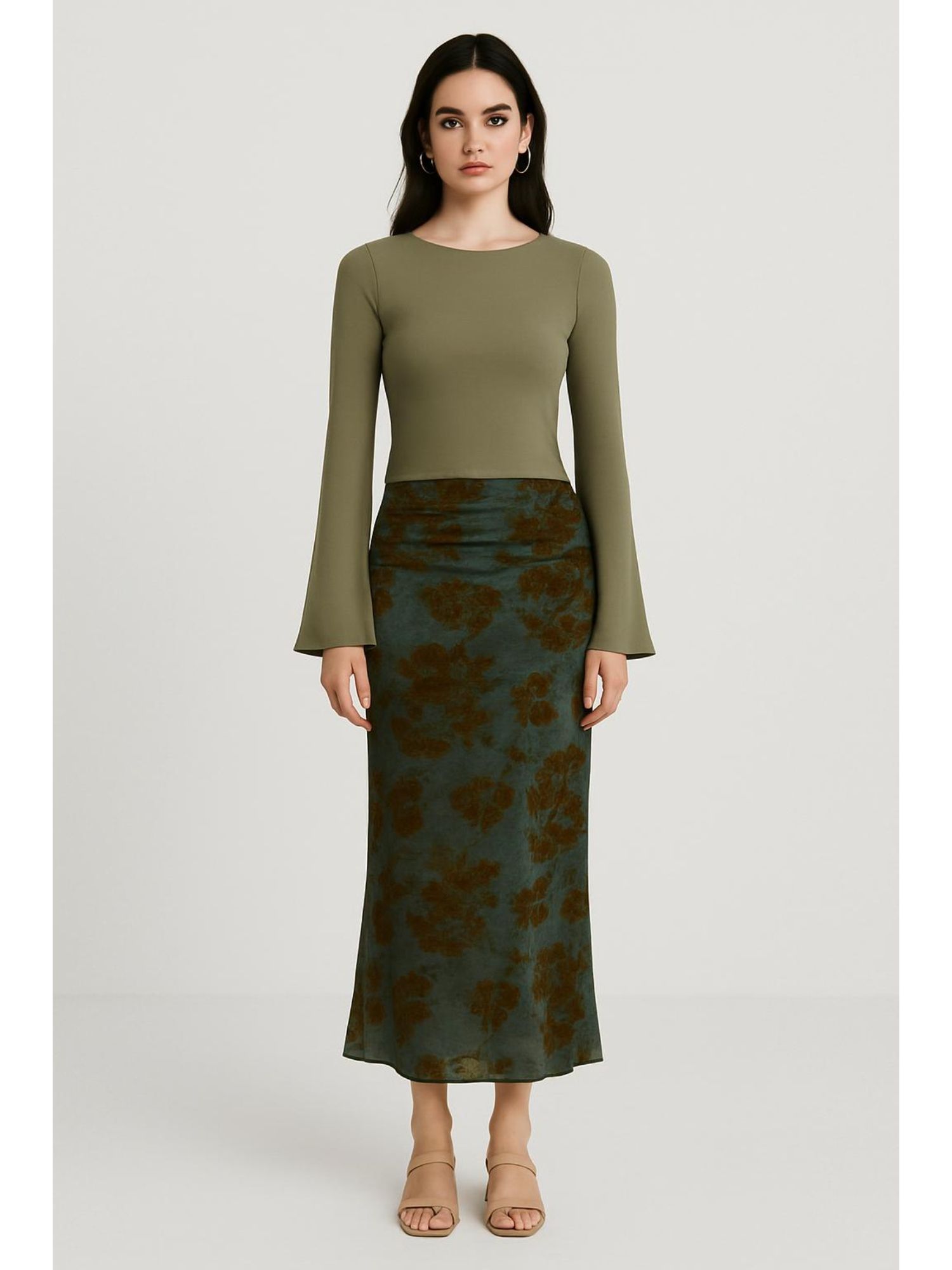 cider Boat Neck Long Sleeve Top & Mid Rise Floral Ruched Maxi Skirt Set-picture-18