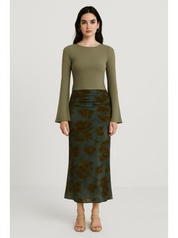 Cider - Boat Neck Long Sleeve Top & Mid Rise Floral Ruched Maxi Skirt Set