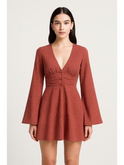 Cider - V-neck Polka Dot Ruched Mini Dress
