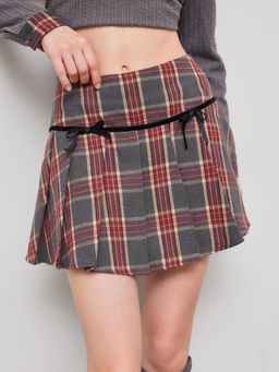 Cider - Low Rise Tartan Knotted Pleated Mini Skirt