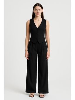 Cider - Cotton-blend V-neck Solid Button Vest & Mid Rise Pocket Wide Leg Trousers