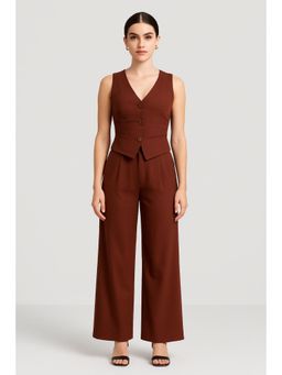Cider - Cotton-blend V-neck Solid Button Vest & Mid Rise Pocket Wide Leg Trousers