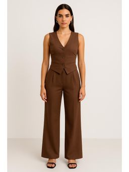Cider - Cotton-blend V-neck Solid Button Vest & Mid Rise Pocket Wide Leg Trousers