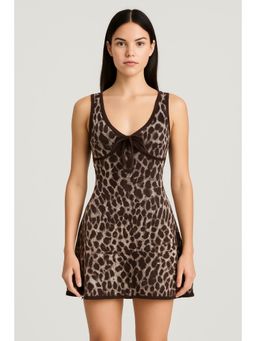 Cider - Knit V-neck Leopard Bowknot Mini Dress