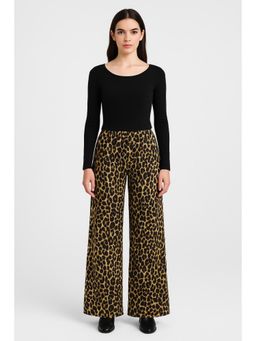 Cider - Round Neckline Long Sleeve Top & Mid Rise Leopard Elastic Waist Wide Leg Trousers Set