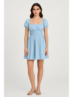 Cider - Linen-Blend Ruched Ruffle Square Neck Mini Dress