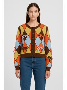 Cider - Knit Argyle Bowknot Contrasting Binding Cardigan