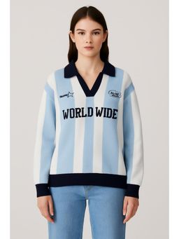 Cider - World Wide Knit Collar Graphic Striped Contrasting Binding Oversized Sweater