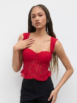 Cider - Lace Bowknot Lettuce Trim Corset Crop Tank Top
