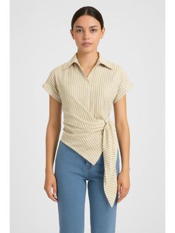 Cider - Cotton-blend Polo Stripes Knotted Short Sleeve Shirt
