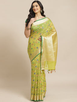 Indethnic - Banarasi Green Woven Design Daily Wear Saree With Unstitched Blouse