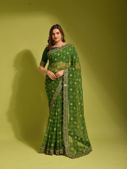 Odette - Green Georgette Designer Saree with Unstitched Blouse
