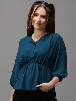 SHOWOFFFF - Womens V-neck Teal Peplum Regular Top