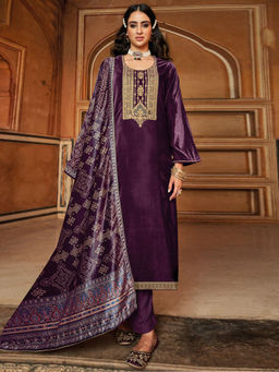 Stylee LIFESTYLE - Purple Velvet Embroidered Dress Material (Set of 3)