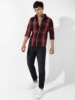 Campus Sutra - Mens Plaid Red Cotton Shirt