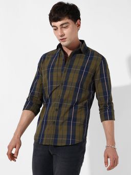 Campus Sutra - Mens Tartan Plaid Olive Green Shirt