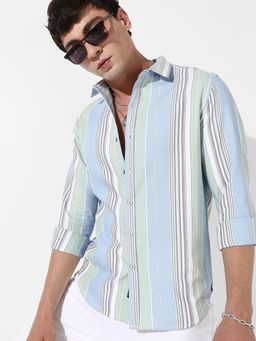 Campus Sutra - Mens Striped Cotton Button Up Blue Shirt