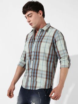Campus Sutra - Mens Sage Green Tartan Plaid Multi Color Shirt