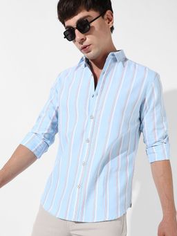Campus Sutra - Mens Blue Striped Cotton Shirt