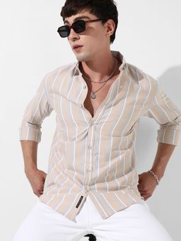 Campus Sutra - Mens Beige Striped Cotton Shirt