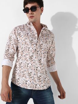 Campus Sutra - Mens Abstract Print Button Up Cotton Beige Shirt