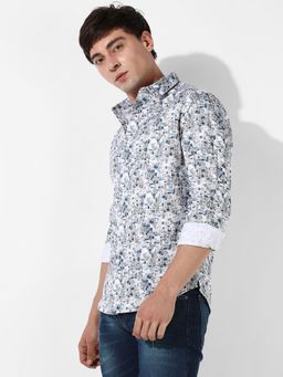 Campus Sutra - Mens Abstract Print Button Up Cotton Blue Shirt