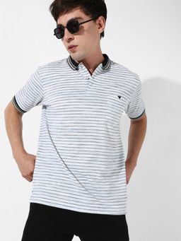Campus Sutra - Mens Grey Striped Polo T-Shirt
