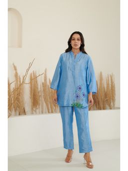FLAMINGO THE LABEL - Era Silk Embroidered Blue Top With Pant (Set of 2)