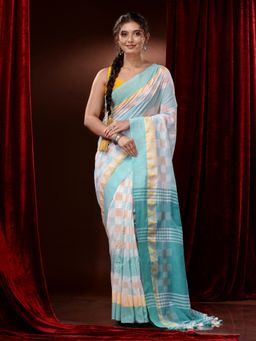CHARUKRITI - White and Blue Pure Cotton Checkered Geometric Patterns Saree with Unstitched Blouse
