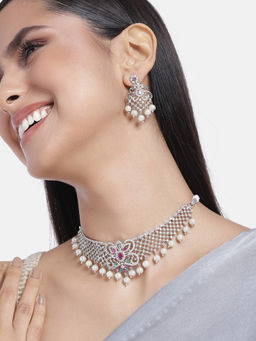 Estele - Rhodium Plated Cz Elegant Bridal Choker Necklace Set With Pearls For Women (Set of 2)