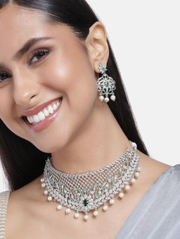 Estele - Rhodium Plated Designer Traditional Bridal Choker Set With Pearls For Women (Set of 2)