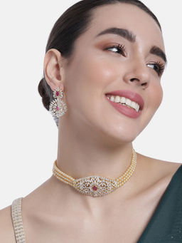 Estele - Gold Plated Pearl Ruby and Diamond Sitara Choker Necklace for Women (Set of 2)