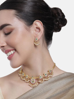 Estele - Gold Plated CZ Glorious Designer Necklace Set with Pearls for Women