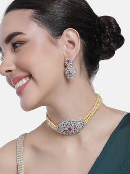 Estele - Rhodium Plated CZ Enchanted Pearl Choker Necklace Set for Women