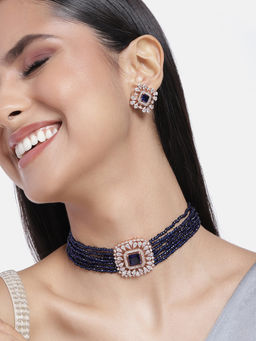 Estele - Rose Gold Plated CZ Square Choker Necklace Set with Navy Blue Beads for Women