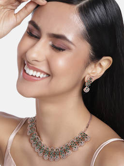 Estele - Rose Gold Plated CZ Marquise Melody Necklace Set with Green Crystals for Women
