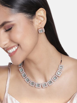 Estele - Rose Gold Plated CZ Shimmering Necklace Set with Mint Green Crystals for Women
