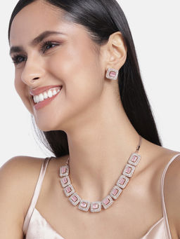 Estele - Rose Gold Plated CZ Shimmering Necklace Set with Mint Pink Crystals for Women