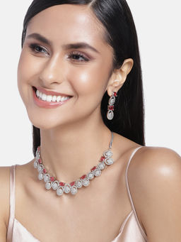 Estele - Rhodium Plated CZ Circular Designer Necklace Set with Red Crystals for Women