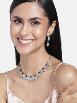 Estele - Rhodium Plated CZ Fascinating Necklace Set with Blue Crystals for Women