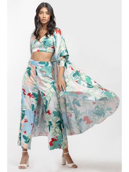 MANDIRA WIRK - Satin Printed Jacket With Pants And Bustier Green (Set of 3)