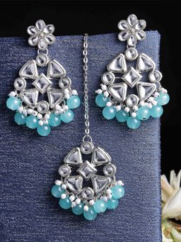 Karatcart - Oxidised Silver Light Blue Beads Kundan Dangler Earrings with Maangtikka (Set of 2)