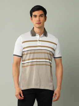 Arrow - Men Stripes Beige and White Collar Neck Polo T-Shirt