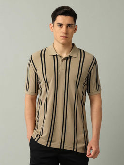 Arrow Sports - Men Stripes Beige Half Sleeves Collar Neck Polo T-Shirt
