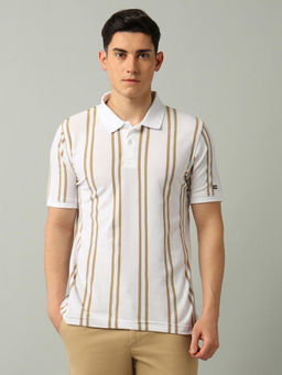 Arrow Sports - Men Stripes White Half Sleeves Collar Neck Polo T-Shirt